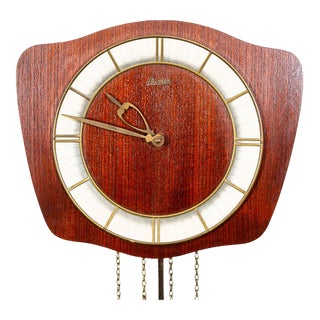 Mid Century Modern Wall Clock Teak Pendulum Weights 10 Jewel Denmark Chime For Sale