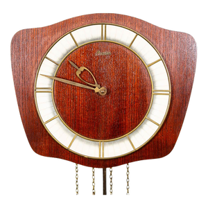 Mid Century Modern Wall Clock Teak Pendulum Weights 10 Jewel Denmark Chime