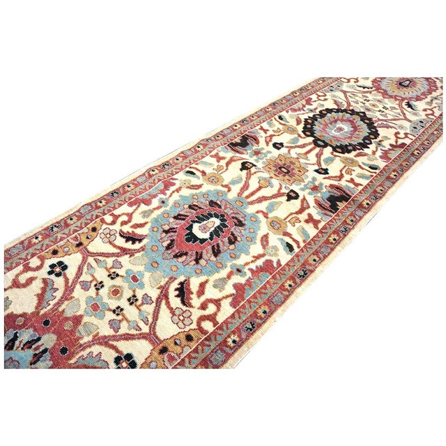 21st Century Afghan Wool Sultanabad 3x12 Ivory, Red, & Blue Handmade Runner Rug #1143661 For Sale In Houston - Image 6 of 13