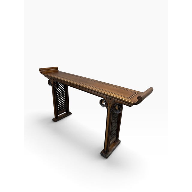 Brown Vintage Chinese Ming Style Hardwood Altar Console Table With Brass Studs & Fretwork For Sale - Image 8 of 15