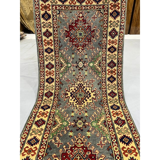 Art Deco Gray, Cream and Red Kazak Wool Runner Rug, Tribal Hallway Rug, 2'10" X 6'7" For Sale - Image 3 of 15