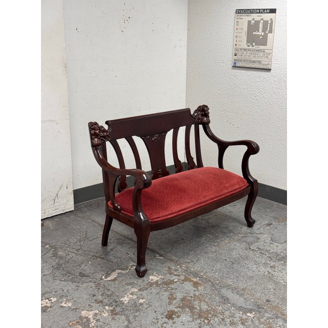 Design Plus Gallery presents a 19th Century Victorian Mahogany Settee. This compact settee is built from mahogany wood...