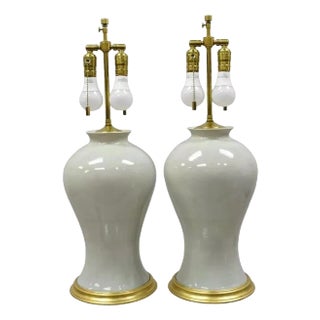 Late 20th Century Chinoiserie Porcelain Celadon Green Glazed Ceramic Temple Jar Table Lamps - Pair For Sale