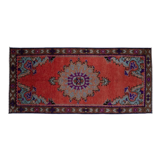 1960s Small Turkish Rug Hand Knotted Entryway Mat Bath Rug Kitchen Rug - 19'' X 41'' For Sale