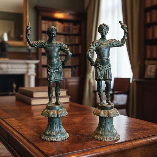 Neoclassical Vintage Maitland Smith Bronze Roman Statue-Pair-Verdigris Neoclassical-Sculpture For Sale - Image 3 of 11