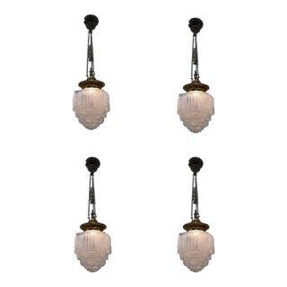 Art Deco Brass Ceiling Pendant W/ Stepped Blue Glass Deco Globe, Set of 4 For Sale