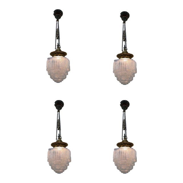 Art Deco Brass Ceiling Pendant W/ Stepped Blue Glass Deco Globe, Set of 4 For Sale