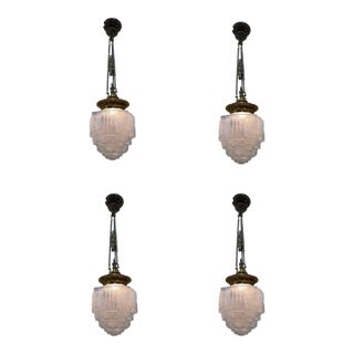 Empire Style Bronze Ceiling Pendant W/ Stepped Blue Glass Deco Globe, Set of 4 For Sale