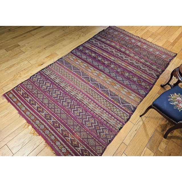 Vintage Moroccan Tribal Kilim, Handwoven Wool, Stripe Geometric Pattern, Purple & Yellow, 6x10 For Sale - Image 4 of 17