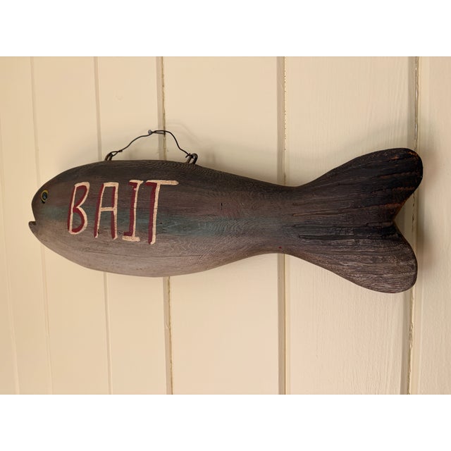 Vintage New England-Style Hand-Carved Fish Bait & Tackle Folk Art Sign For Sale - Image 4 of 13