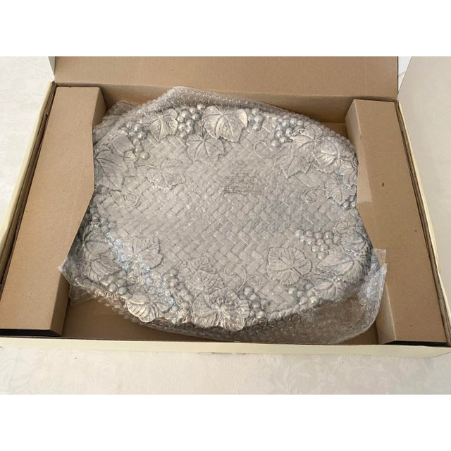 Platinum Large Lenox Handled Oval Serving Tray Platter Grape Weave Pewter/Silver Color Metal-Wear Vintae New in Box For Sale - Image 8 of 11