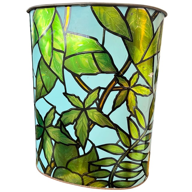 Frederick Cooper Vintage j.l. Clark Faux Stained Glass Bird & Foliage Metal Wastebasket, 1960s–70s For Sale - Image 4 of 8