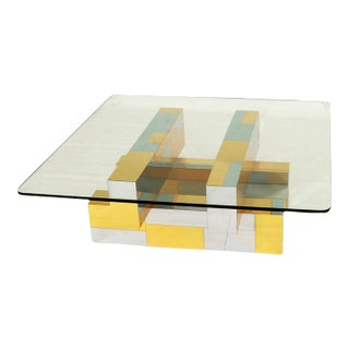 Mid Century Modern Attributed to Paul Evans Cityscape Brass Chrome Glass Coffee Table For Sale
