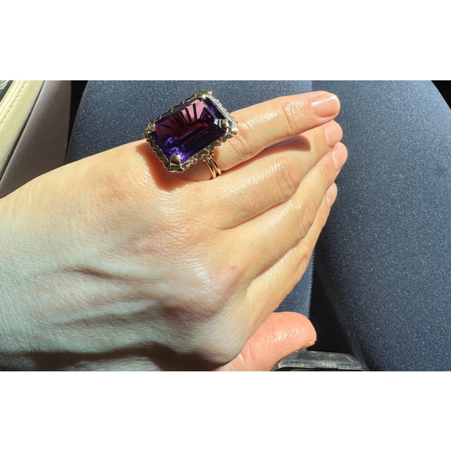 30 Carat Emerald Cut Amethyst Cocktail Ring in 14 Karat Rose Gold Bow Ring Size5 For Sale - Image 12 of 18