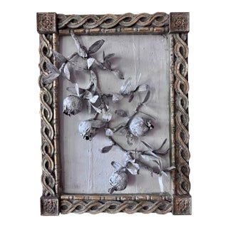 Paper Mache Pomegranate Branch in Plaster Frame Sculptural Wall Art For Sale
