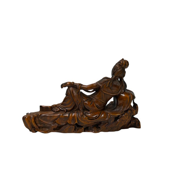 5" Hand-Carved Wood Reclining Bodhisattva Figurine Sculpture Tang Style Art For Sale - Image 4 of 8