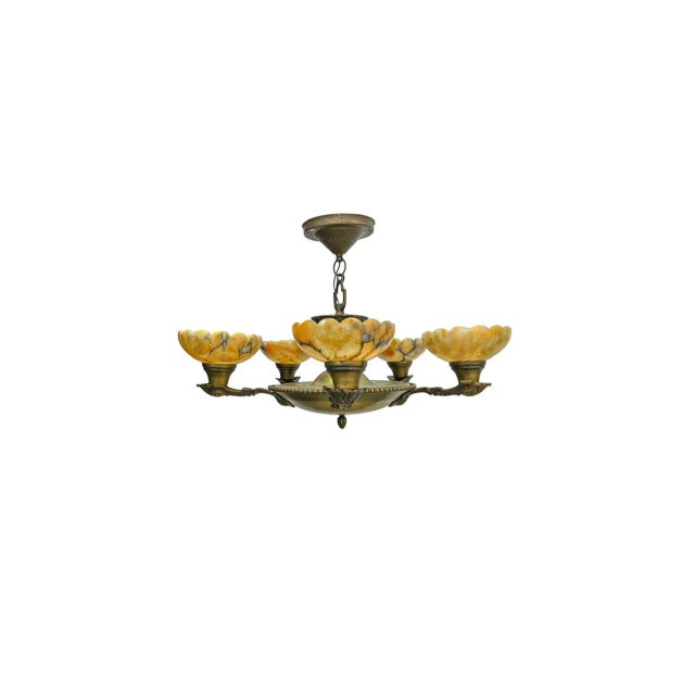 Art Deco Brass and Alabaster Pendant Chandelier, 1930s For Sale - Image 12 of 12