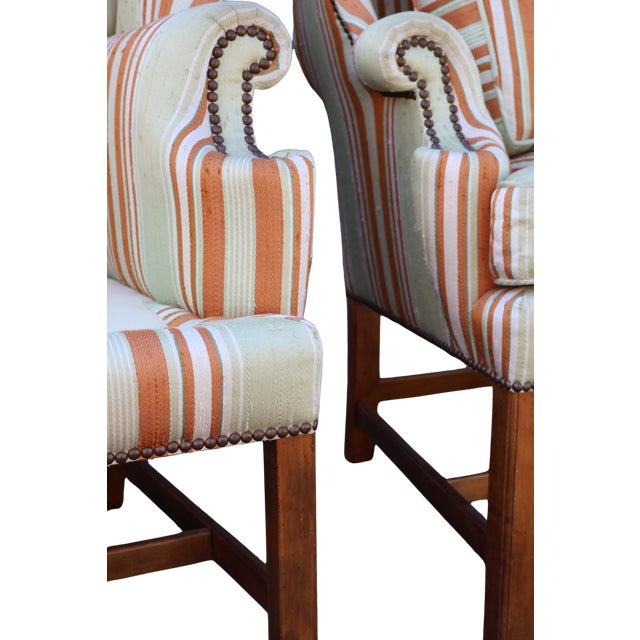 Wood Vintage Baker Furniture Celadon & Rust Striped Wingback Chairs With Nailhead Trim — Pair For Sale - Image 7 of 18
