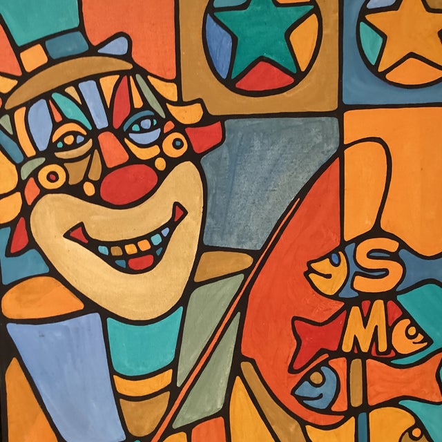 Mid 20th Century Modern Colorful Cubist-Style Framed Painting With Smiling Clown “ Smile “ by Wrasky For Sale - Image 9 of 12