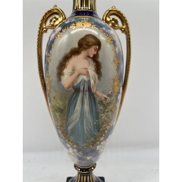 Early 20th Century Royal Bonn Lovely Lady Cobalt & Gilt Porcelain Pedestal Vase Signed J. Duren For Sale - Image 5 of 12
