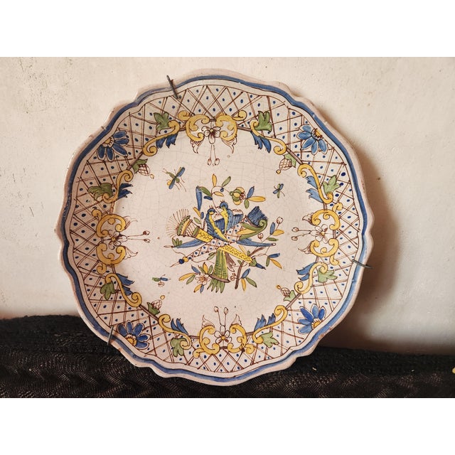 Stunning antique pair of French Rouen blue and floral swagged border with a central design of flowers and horn of plenty...