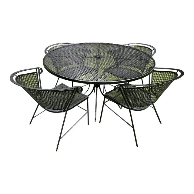 Vintage Wrought Iron Patio Table & 4 Barrel Chairs For Sale