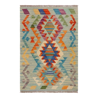 Southwestern Kilim Blue Beige Hand-Woven Wool Rug 2'0'' X 3'1'' For Sale