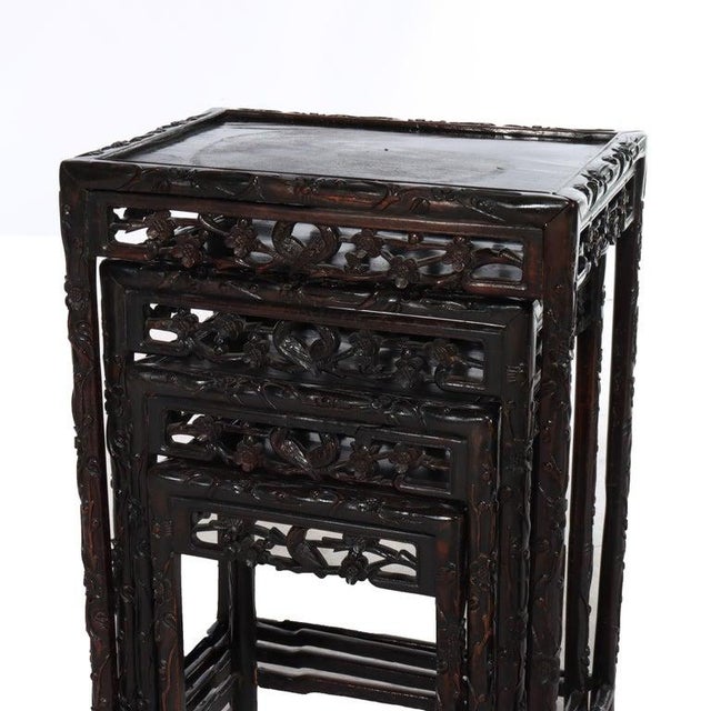 Brown Set of 4 Antique Chinese Floral & Figural Carved Hardwood Nesting Tables For Sale - Image 8 of 13