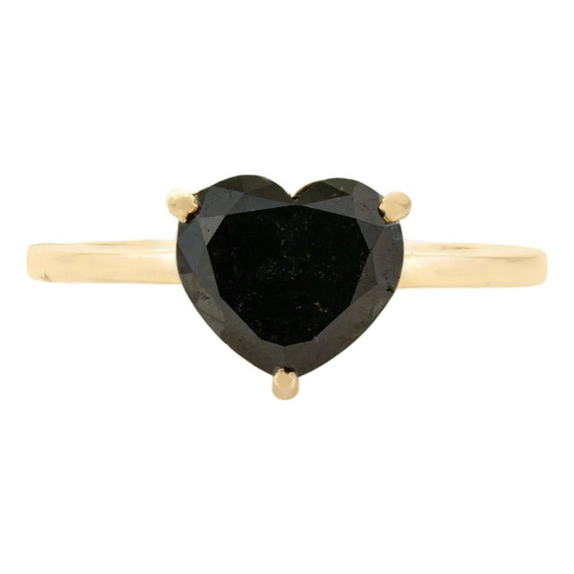 3.11 Carat Heart Shape Black Diamond Solitaire Ring Size 6.5 in 14k Gold For Sale