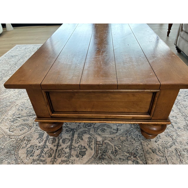 Sturdy wooden coffee table and end table in a warm brown maple color. The quality is top notch typical of Ethan Allen....