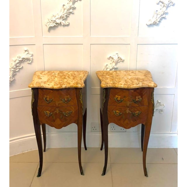 Antique French Kingwood Marquetry Marble Top Nightstands, 1920, Set of 2 For Sale - Image 18 of 18