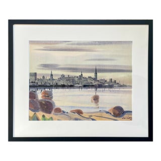 Aleksander Pilar Signed Original Watercolor, European Harbor Cityscape, Framed Uv Conservation For Sale