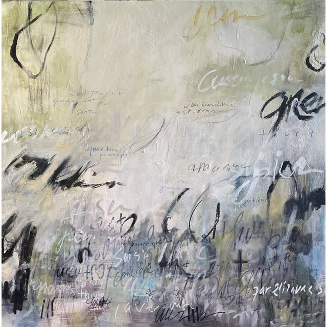 This large abstract painting titled "Conversation Between Us" features words and text embedded in a neutral palette. The...