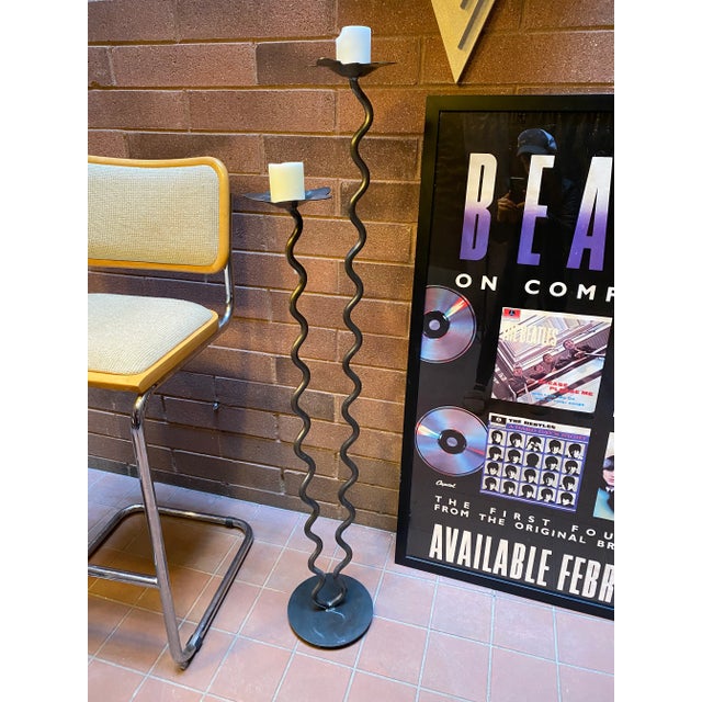 Four Feet Tall Postmodern Hand Forged Steel Curvy Pedestal Sculpture Double Candelabra Display For Sale - Image 4 of 7