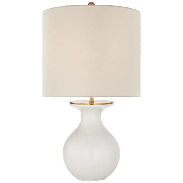 Kate Spade New York for Visual Comfort Signature Albie Small Desk Lamp in New White with Cream Linen Shade For Sale