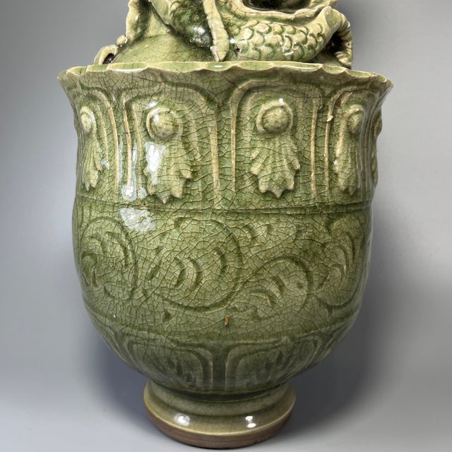 Chinese Celadon Dragon Relief Lidded Vase, Collectible Decorative Vessel For Sale - Image 6 of 7