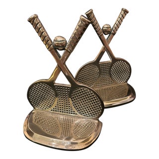 Vintage Brass Tennis Racquet and Ball Bookends, a Pair For Sale