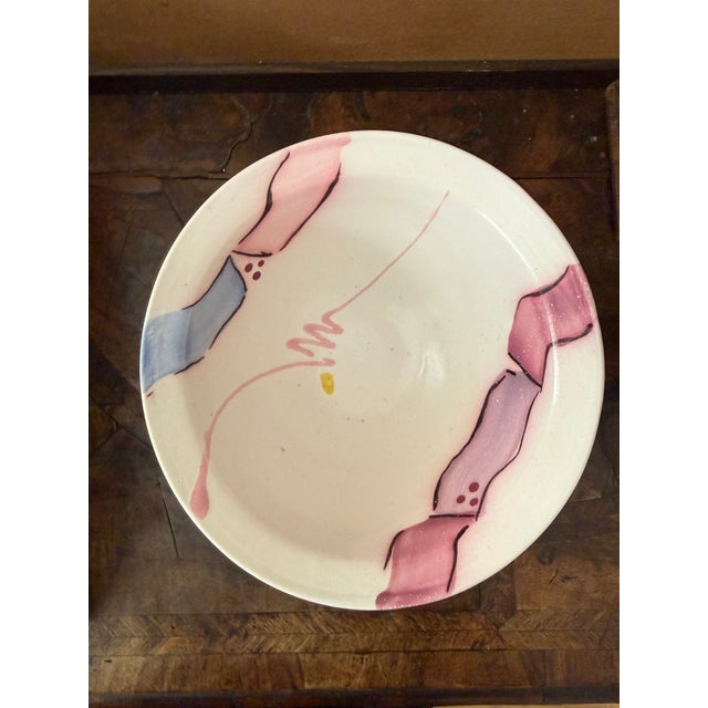 1990s Vintage Studio Pottery Bowl 7.5 Inch Wheel Thrown Hand Painted Abstract Pink and Blue Ceramic For Sale - Image 5 of 9