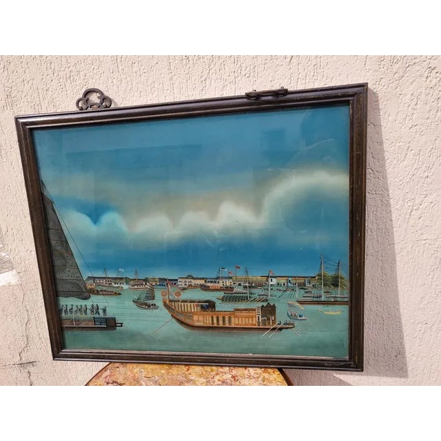 View of a Port in Asia, 20th Century, Reverse Glass Painting For Sale - Image 13 of 13
