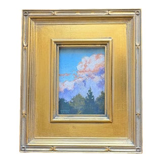 Contemporary Gouache Landscape With Clouds, Mountains, and Woods in Closed Corner Plein Air Frame For Sale