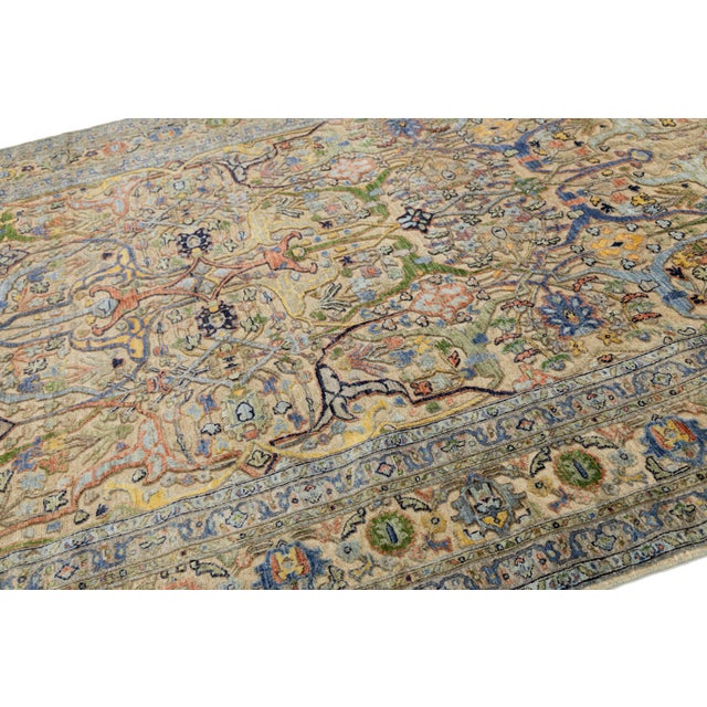 Textile Hand-Knotted Modern Bidjar Hi-Lo Textured Rug Beige Wool Rug Floral & Vine Motif For Sale - Image 7 of 11