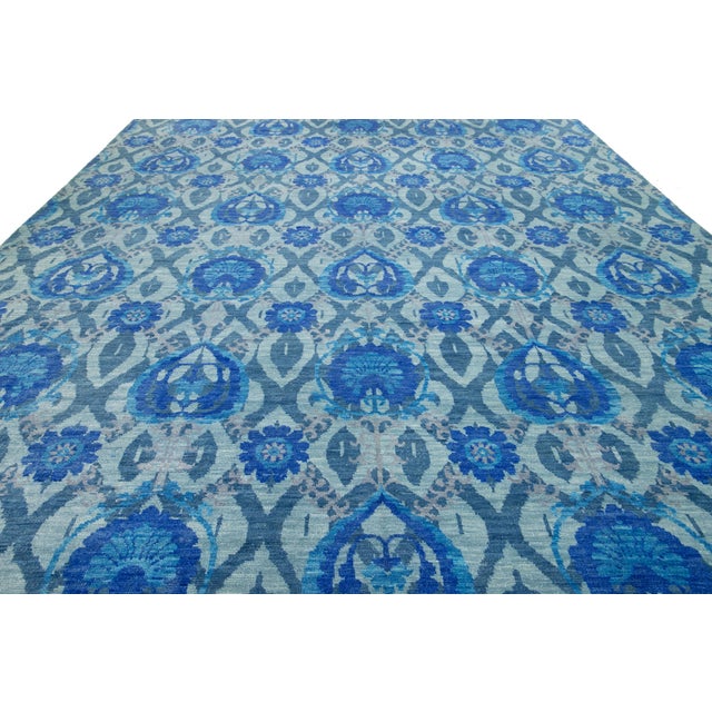 12 X 15 Allover Designed Contemporary Ikat Wool Rug in Green and Blue Color For Sale In New York - Image 6 of 9