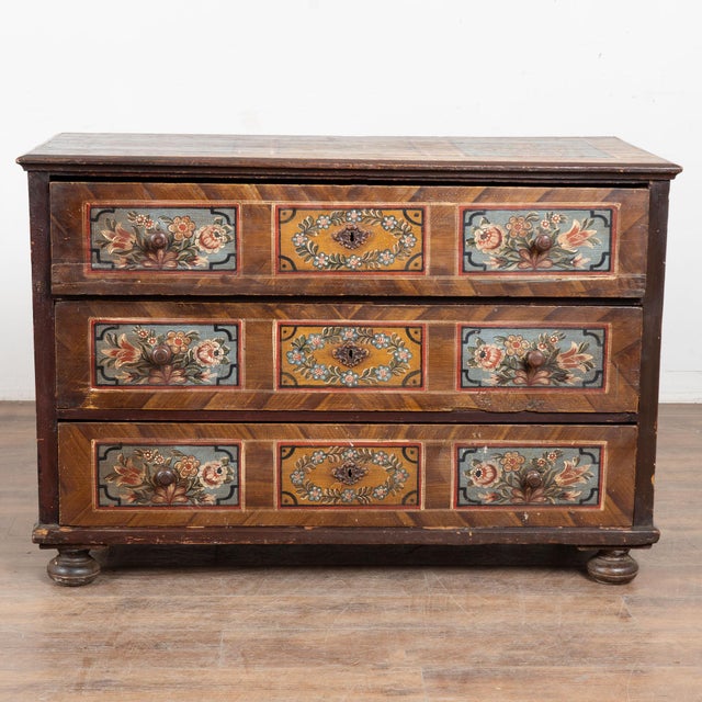Folk Art 19th Century Original Hand Painted Large Chest of Three Drawers For Sale - Image 3 of 18