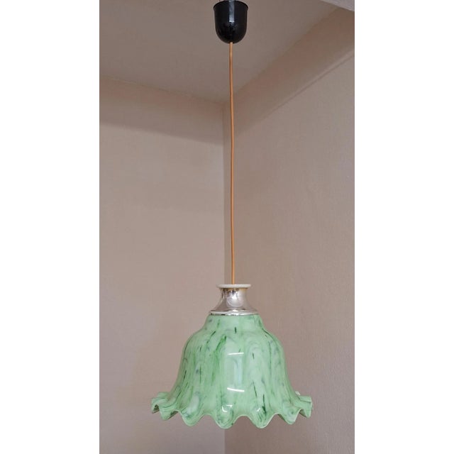 Vintage Ceiling Lamp with Wavy Green Grained Plastic Shade on a Chrome-Plated Plastic Mount, 1970s, in Very Good...