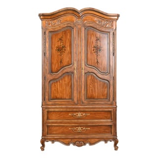 Drexel Heritage French Provincial Louis XV Carved Walnut Armoire Dresser or Linen Press For Sale
