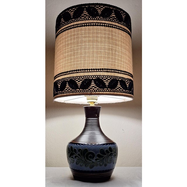 1970s Vintage Table Lamp with Blue-Brown Ceramic Base and Fabric Shade, 1970s For Sale - Image 5 of 8