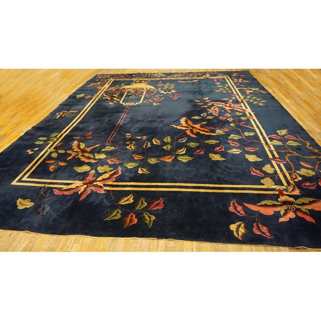 1920s 1920s Navy Blue Green Floral Antique Chinese Art Deco Carpet 11'9" X 14'9'' Rug For Sale - Image 5 of 10