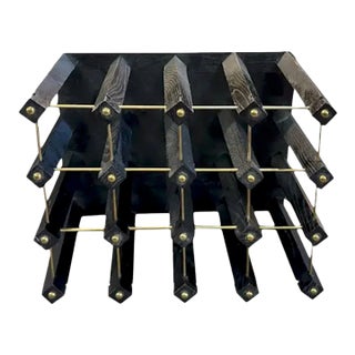 Mid Century Wood Wine Holder Rack in Black With Brass Details For Sale