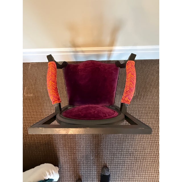 Wood Hollywood Regency Ebonized Armchair With Bold Fabric For Sale - Image 7 of 12