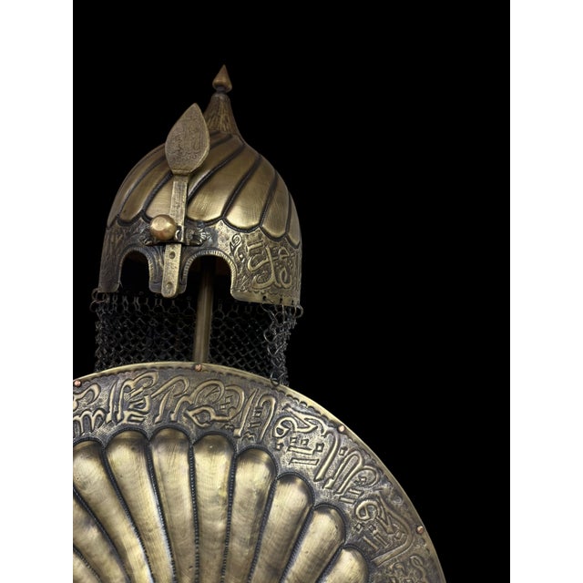 Hand Forged Calligraphy Brass Helmet Shield Display Set For Sale - Image 11 of 12